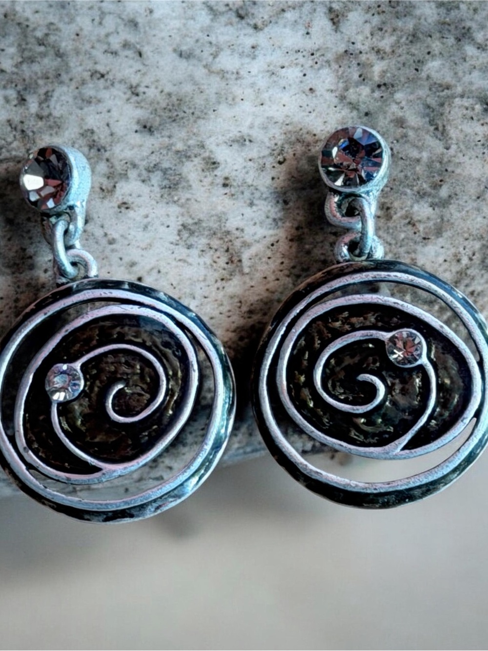 Chico's Silver Spiral Drop Earrings with Clear Stones